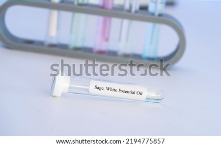 Essential aroma oil in test tube for Analysis  Laboratory Test Sage, White Essential Oil