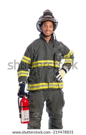 Young African American Firefighter  holding fire extinguisher on isolated white background