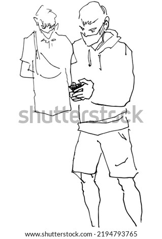 Flat Illustration Young Guy Line Drawing with Phone in Hands. One Line Minimalistic Realistic Cartoon Man Image Comic Style. Character Daily Life Clip Art Simplified Design. Sketch Boy Portrait 