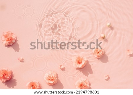 Pink roses, drops and waves on surface of the water. Water abstract background