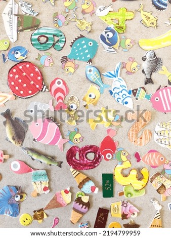 Cartoon backdrop or background funny paper signs on stone floor 