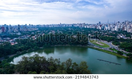 Aerial view of Ibirapuera Park in São Paulo, SP. Residential buildings around. Lake in Ibirapuera Park.