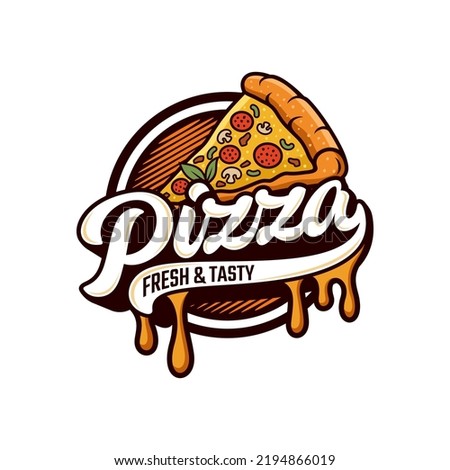 Pizzeria Vector Emblem on blackboard. Pizza logo template. Vector emblem for cafe, restaurant or food delivery service. Vector illustration.