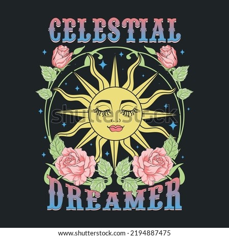 CELESTIAL DREAMER TSHIRT GRAPHIC DESIGN WITH SUN AND ROSE Royalty-Free Stock Photo #2194887475
