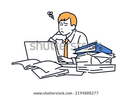 Vector illustration material of a man worried in front of a pile of documents Royalty-Free Stock Photo #2194888277