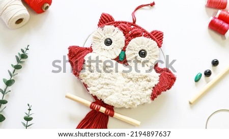 Handmade owl macrame and accessories on white background