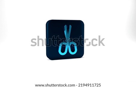 Blue Scissors icon isolated on grey background. Tailor symbol. Cutting tool sign. Blue square button. 3d illustration 3D render.