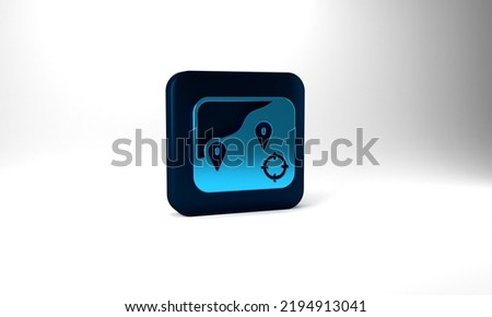 Blue Location fishing icon isolated on grey background. Fishing place. Blue square button. 3d illustration 3D render.