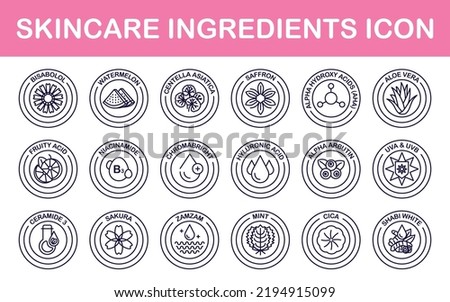 Vector set of design elements, icons, and badges for natural and organic cosmetics skincare ingredients in trendy linear style. Centella asiatica, niacinamide, chromabright, fruity acid, saffron, etc. Royalty-Free Stock Photo #2194915099