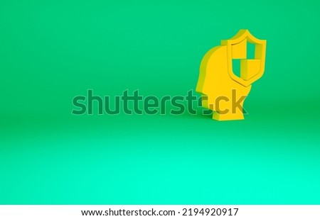 Orange Human head with shield icon isolated on green background. Minimalism concept. 3d illustration 3D render.
