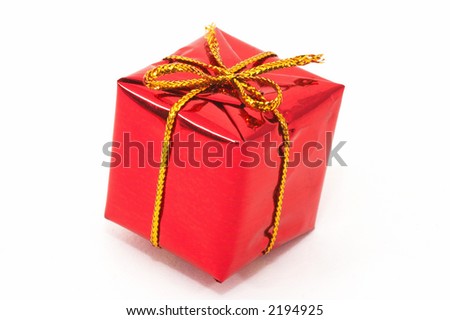 One Christmas present on white background. closeup with space for text