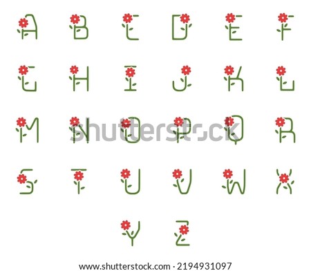 Vector set of letters with red flower hand drawn style isolated on white background. Alphabet clip art.