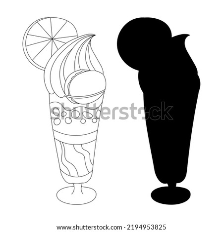 "Appetizing ice cream with fruits and syrup, coloring and silhouette. 
Monochrome deserts isolated on white background. Coloring book style for children and adults."
