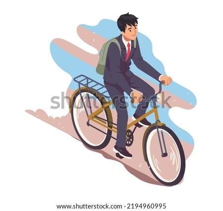 Business man cyclist enjoying riding bicycle. Bicyclist worker guy person character cycling bike outdoors. Healthy transportation, city transport, urban fitness, summer sport flat vector illustration