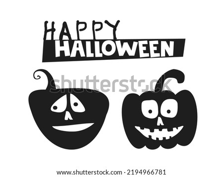Halloween 2022 - October 31. A traditional holiday. Trick or treat. Vector illustration in hand-drawn doodle style. Set of silhouettes of pumpkins with carved faces.