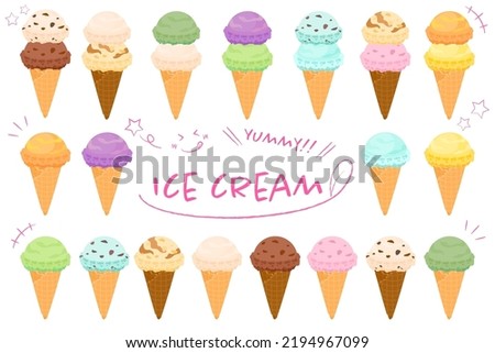 This is a set of ice cream clip art.We have a wide variety of flavors of ice cream on waffle cones. The illustrations are vector-based, so you can easily adjust the colors and modify them.