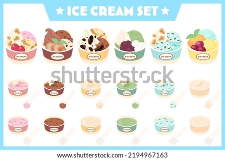 This is a set of clip art of ice cream.The set includes ice cream cups, ice cream with toppings, and more. The illustrations are vector-based, so you can easily adjust the colors and modify them.