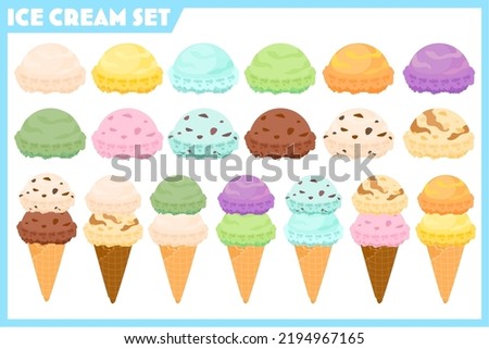 This is a set of ice cream clip art.Colorful flavored ice cream and ice cream on a waffle cone are available. The illustrations are vector-based, so you can easily adjust the colors and modify them.