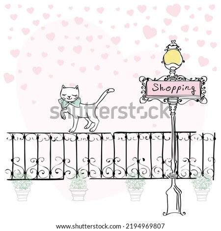 shopping sign with super cute cat on the fence, pink hearts background, vector fashion collection design