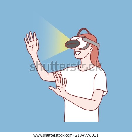 Technology concept. Young happy smiling excited woman cartoon character standing with vr glasses goggles. Hand drawn style vector illustrations.
