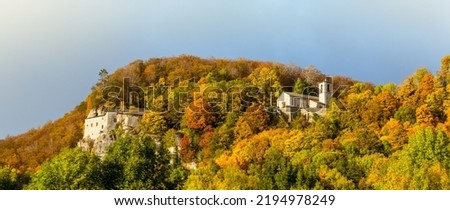 View over "Santuario della Verna" (english name: Sanctuary of La Verna) surrounded by autumn colors. Chiusi della Verna - Casentino, Tuscany - Italy