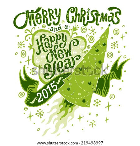 Merry Christmas and Happy New Year 2015 Greeting card, isolated vector illustration, poster, postcard or background