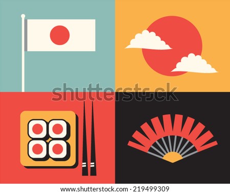 Vector illustration icon set of Japan: flag, sun, sushi,  fan