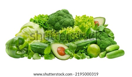 Various green vegetables isolated on white background Royalty-Free Stock Photo #2195000319