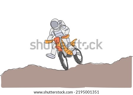 One single line drawing spaceman astronaut practicing motocross in cosmic galaxy vector illustration. Healthy outer space cosmonaut lifestyle sport concept. Modern continuous line graphic draw design