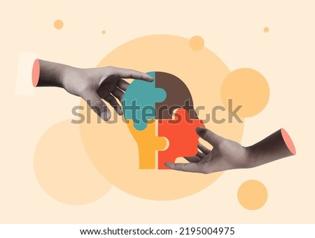 Hands with elements of puzzle. Teamwork and problem solution concept.