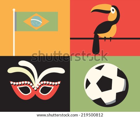 Vector illustration icon set of Brazil: flag, bird, mask, football