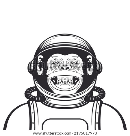 Vector Smiling Chimpanzee Ape with Astronaut Helmet, Suit. Funny Monkey with Cosmonaut Mask for Space Exploration. Spaceman Monkey. Cartoon Cute Chimp Monkey