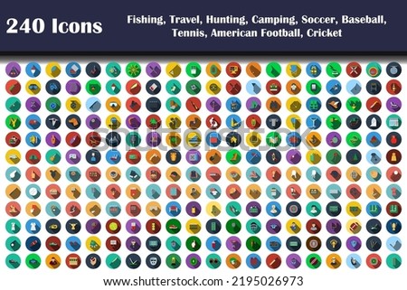 240 Icons Of Fishing, Travel, Hunting, Camping, Soccer, Baseball, Tennis, American Football, Cricket. Flat Design With Long Shadow. Vector illustration.