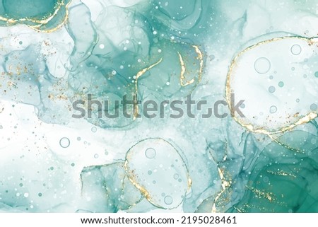 Pastel cyan mint liquid marble watercolor background with gold lines and brush stains. Teal turquoise marbled alcohol ink drawing effect. Vector illustration backdrop, watercolour wedding invitation