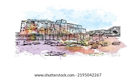 Building view with landmark of Oaxaca is the 
city in Mexico. Watercolor splash with hand drawn sketch illustration in vector.