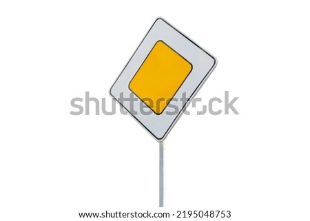 Road sign main road sign with yellow background isolated on white background right view