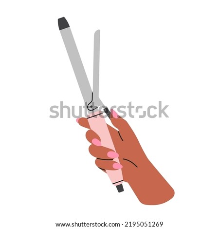 Poster with woman's hand holding a curling iron.
Hairstyle, self care and beauty salon concept.
Cool colorful design. Hand with manicure. Hand drawn isolated vector illustration.