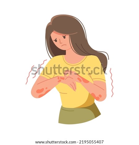 Unhappy suffering woman scratching the skin on her hand. Various skin problems, such as allergies, psoriasis, itching, atopic dermatitis, eczema, dryness, redness. Virus disease and eczema concept Royalty-Free Stock Photo #2195055407