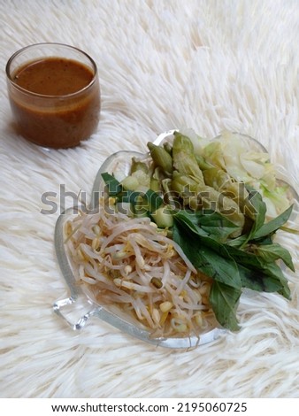 Pecel. Some vegetables in the form of cabbage, bean sprouts, cucumber, turi or agathi flower and basil doused with peanut sauce. Boiled vegetables are laid out on a plate. Indonesian food.