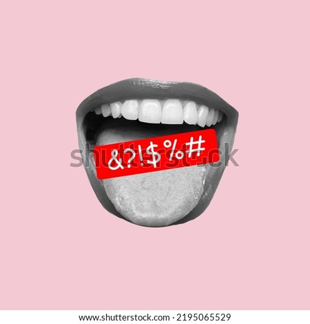 Black and white women's wide open mouth showing tongue with line of swearing speech censored with symbols isolated on pink background. Trendy collage in magazine style. Contemporary art. Modern design Royalty-Free Stock Photo #2195065529