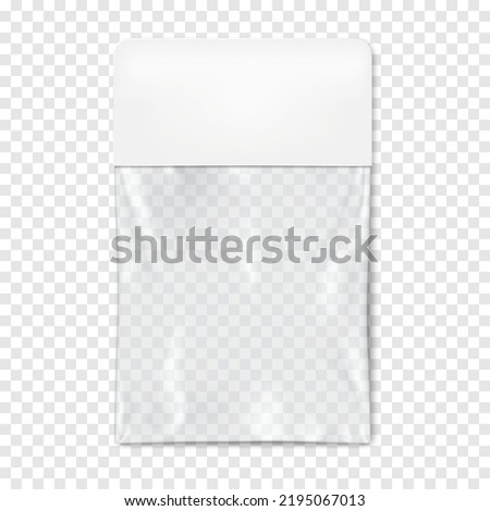 Clear plastic pouch with white paper top on transparent background vector mock-up. Blank empty flat square packet realistic mockup. Template for packaging design Royalty-Free Stock Photo #2195067013
