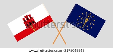 Crossed flags of Gibraltar and the State of Indiana. Official colors. Correct proportion. Vector illustration
