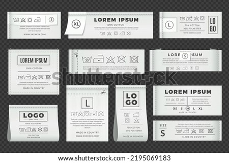 Laundry labels. Technical information for washing temperature and care textile clothes tailoring shirt natural cotton instruction recent vector mockup badges templates Royalty-Free Stock Photo #2195069183