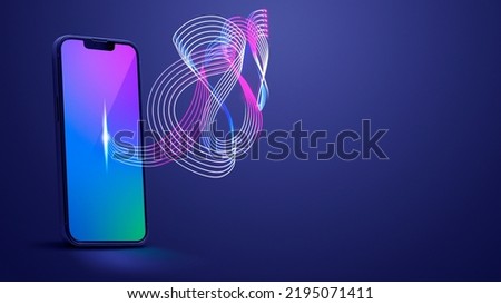 Smartphone with colorful background and neon sound waves, music and entertainment concept, blank copy space Royalty-Free Stock Photo #2195071411