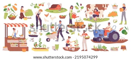 Local organic production. Agriculture worker produce food product in garden, localization market farming harvest farmer selling vegetable and fruit, vector illustration of farm agriculture organic Royalty-Free Stock Photo #2195074299