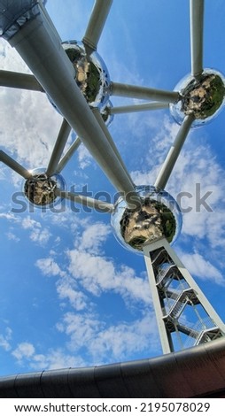Metalluc spherical modern architecture elements at Atomium Brussels Belgium Royalty-Free Stock Photo #2195078029