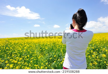 woman photographer taking photo in cole flower field