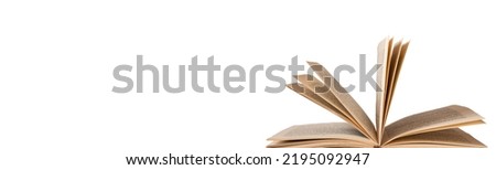 Banner with open book isolated on white background. Turning pages. Novel, memoire, bibliography, cookbook, encyclopedia. Space for text. High quality photo Royalty-Free Stock Photo #2195092947