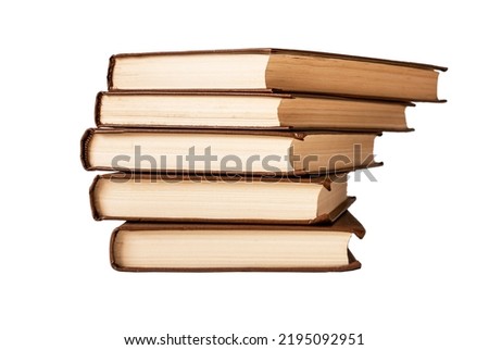 Books stack in brown cover isolated on white background. Novels textbooks, science, poetry, historical literature. Bookworm lifestyle. High quality photo