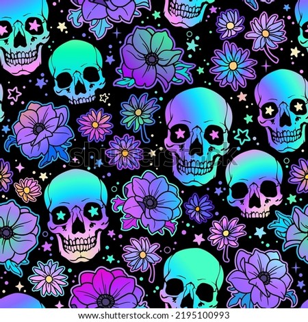 seamless illustration of holographic bright human skulls and flowers